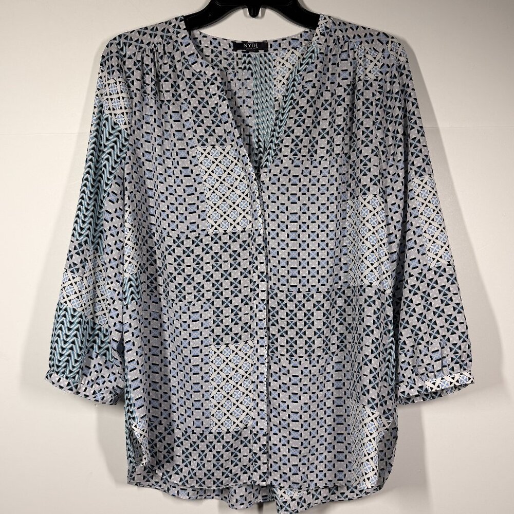 Share NYDJ High/Low Crepe Blouse - Geometric Blue Diamond Print - Size Small